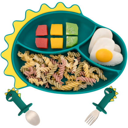 Silicone Suction Plates for Baby Toddler with Spoon Fork set Divided Dinosaurs Plates Self Feeding Training Baby Dinner Plate-Green Dinosaurs Plate Set