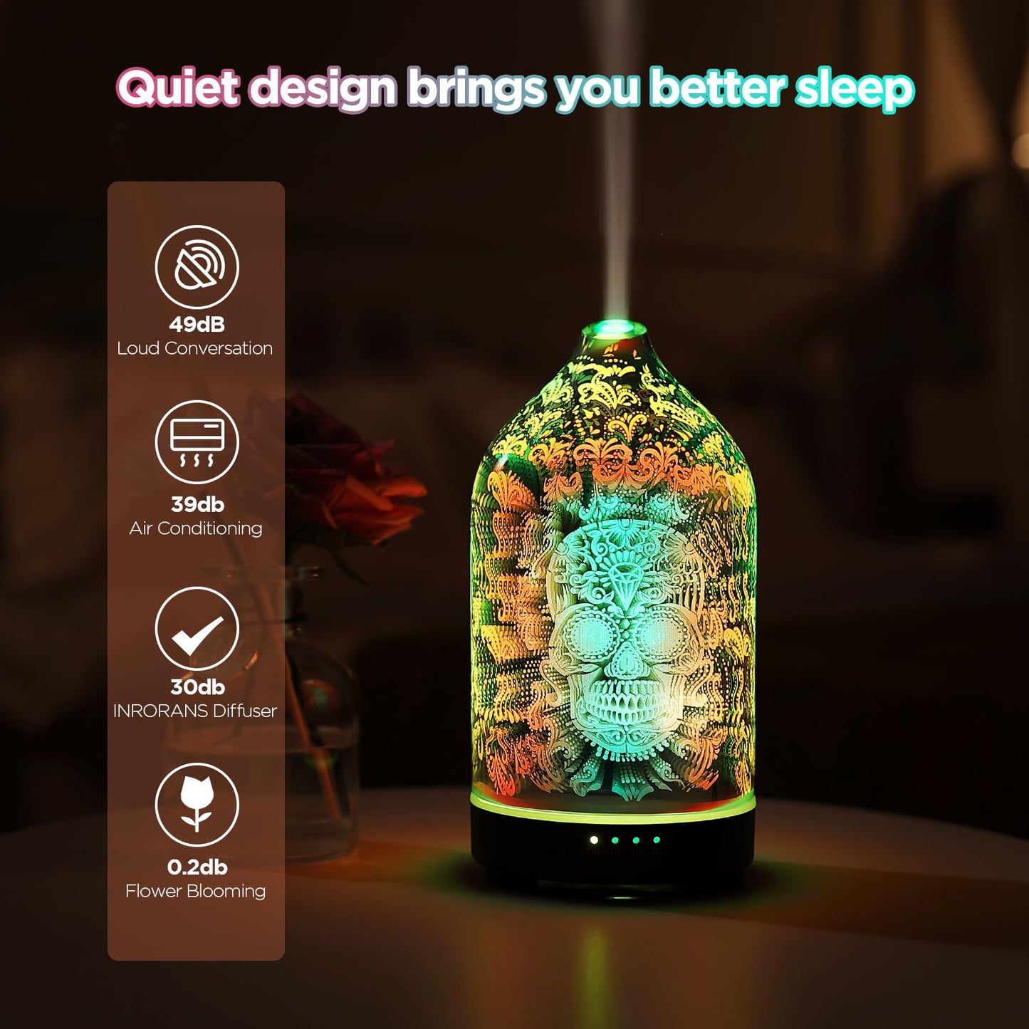 Essential Oil Diffuser Hand Blown Glass Aromatherapy Diffuser - Ultrasonic Cool Mist Scent Aroma Diffuser, Whisper Quiet with Auto Shut-Off, Timer Setting &7 Colors Night Light for Home