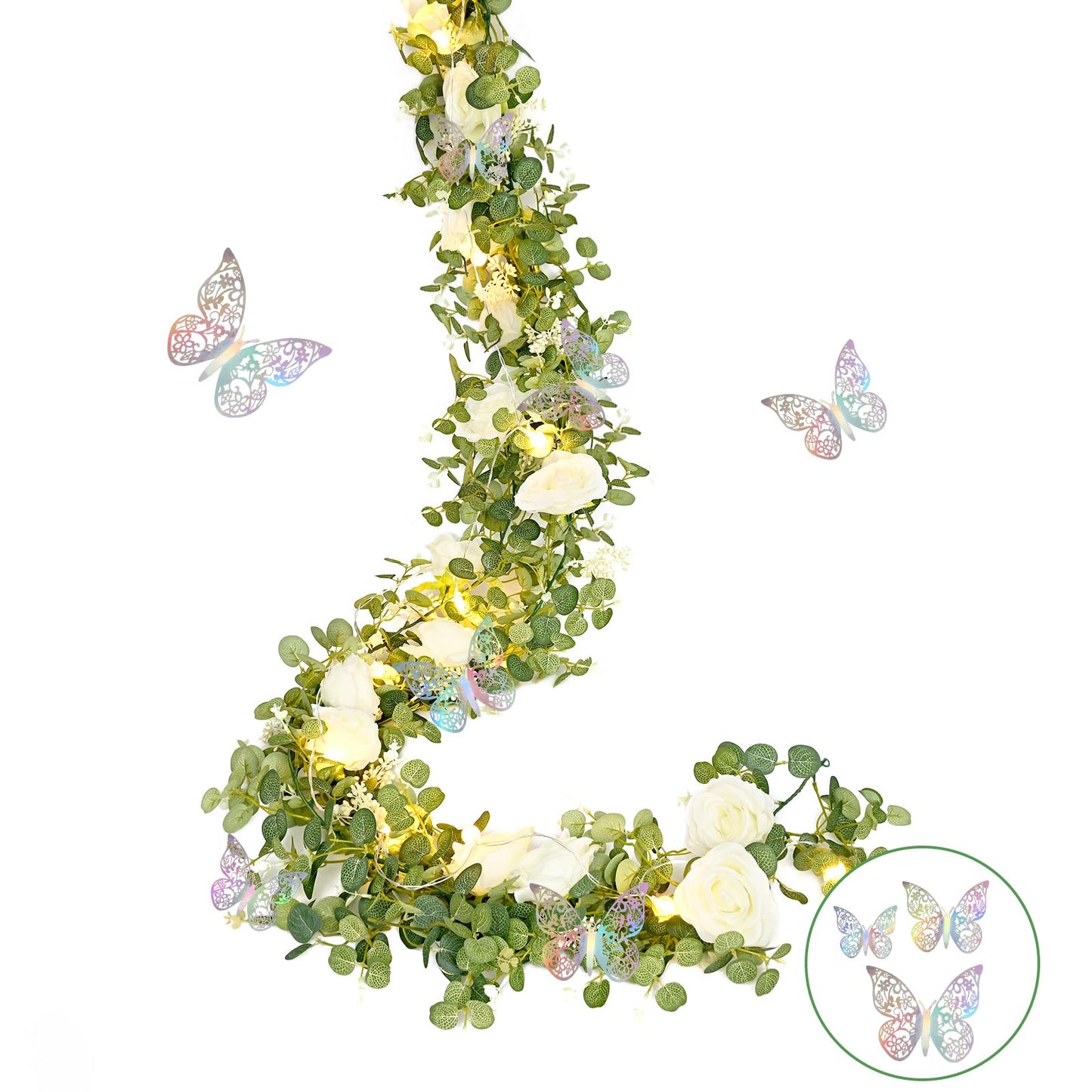 Yastouay 6.4 Ft Fuller Artificial Eucalyptus Garland with Champagne Flowers Fake Rose Vine for Table Centerpiece Wedding Baby Shower Party Room Backdrop Decor