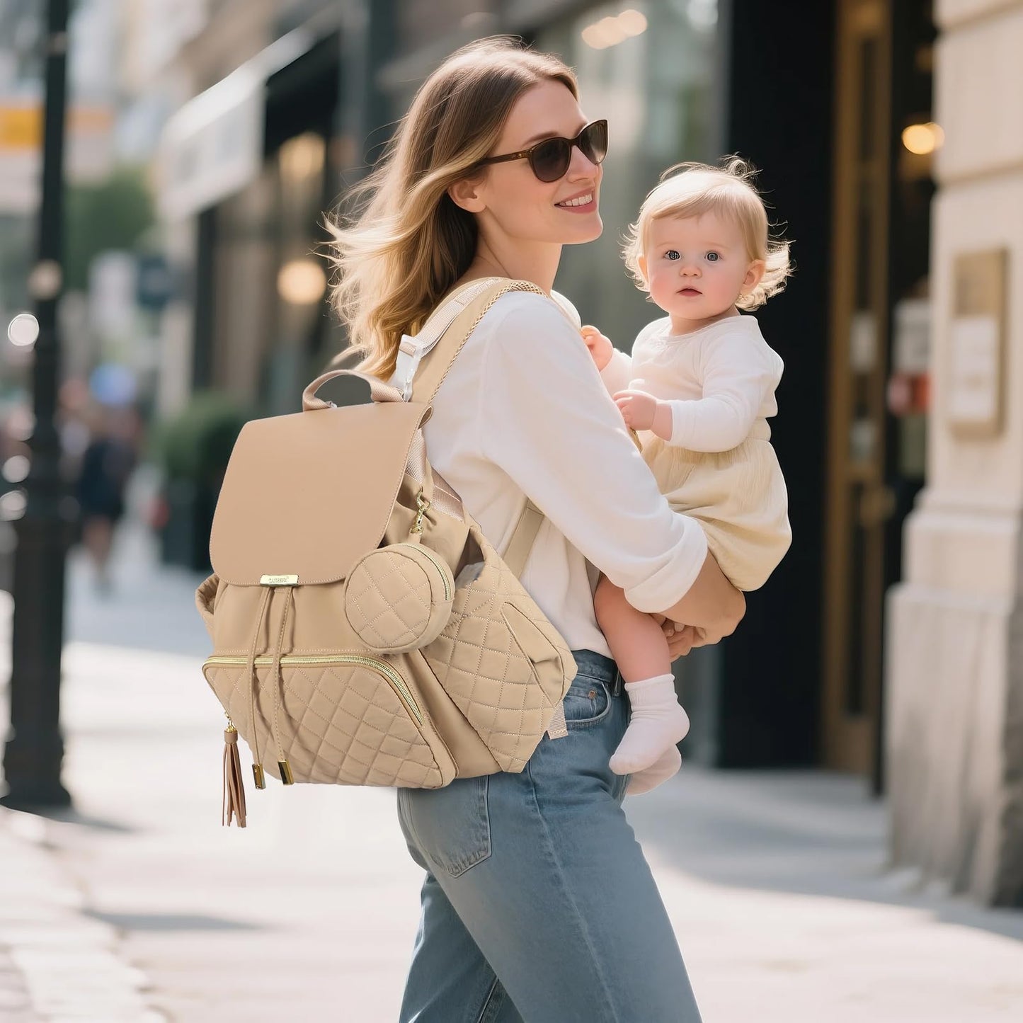 CASIRENA Diaper Bag Backpack, Small Baby Diaper Bag, Stylish Water-Resistant Diaper Backpack for Mom, Cute Travel Baby Bag for Girl Boy with Changing Pad,Stroller Buckles,Insulated Pockets (Khaki)