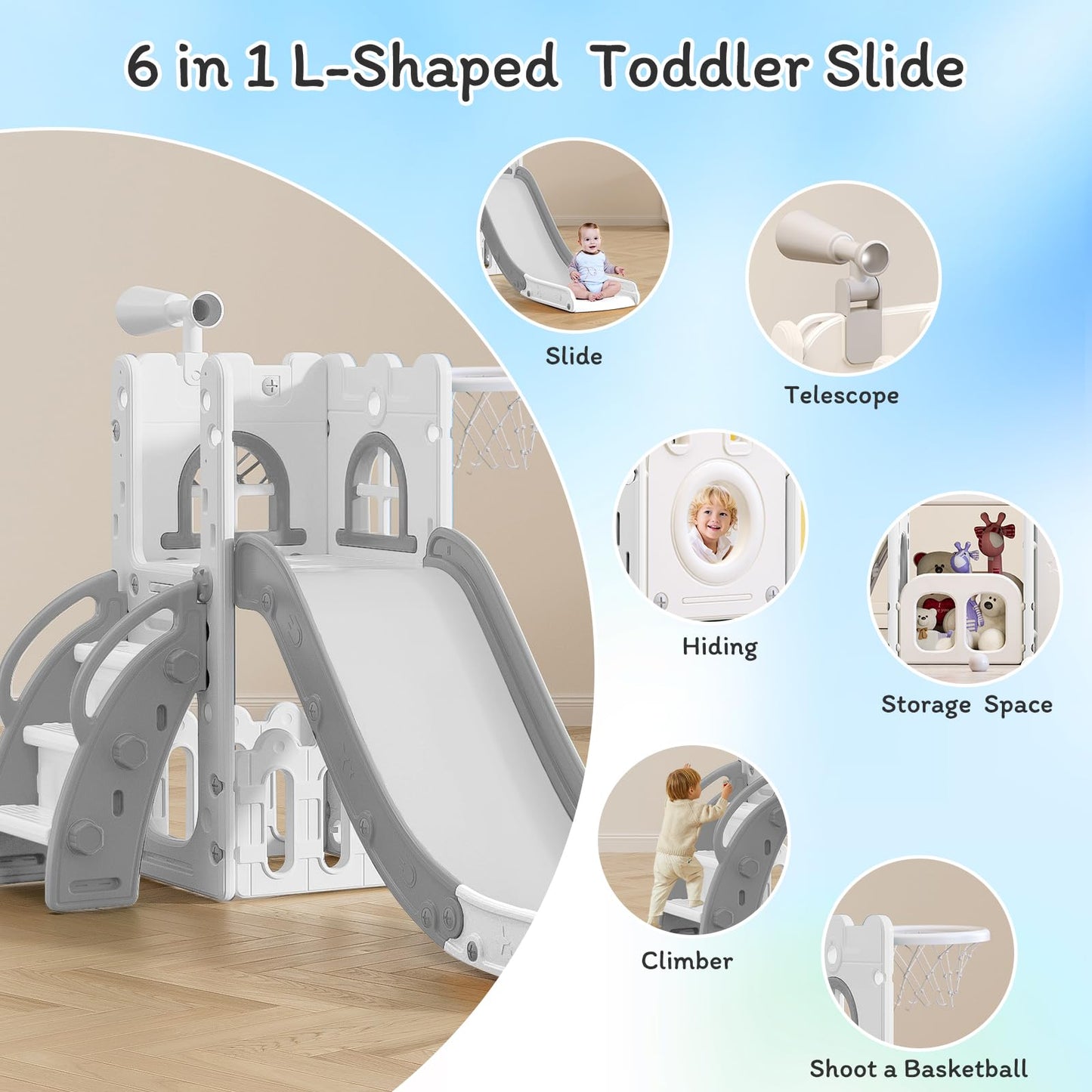 6 in 1 Toddler Slide for Toddler Age 1-3,Kids Climber Slider for Indoor Outdoor Playground with Basketball Hoop,Storage and Telescope,L Shaped Slide for Toddler Climber Playset
