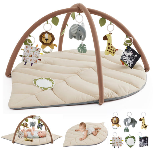 Blissful Diary Baby Play Gym & Activity Mat, Oversize Leaf Shaped Baby Play Mat w 6 Detachable Toys, Tummy Time Mat Promote Motor Skills & Sensory Development Mat, Newborn Infant Baby Essentials Gift