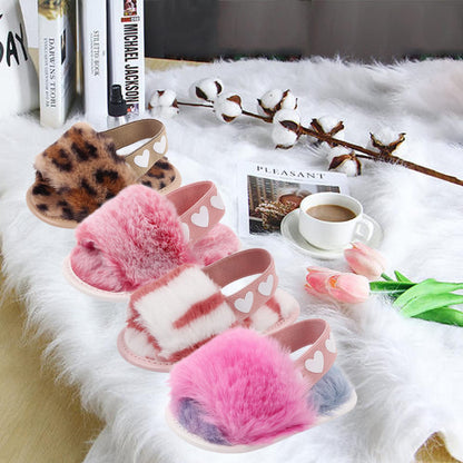 2 Pack Infant Baby Girls Sandals Elastic Back Strap Flats Slippers Soft Toddles Princess Shoes Faux Fur Slides Shoes First Walker House Shoes