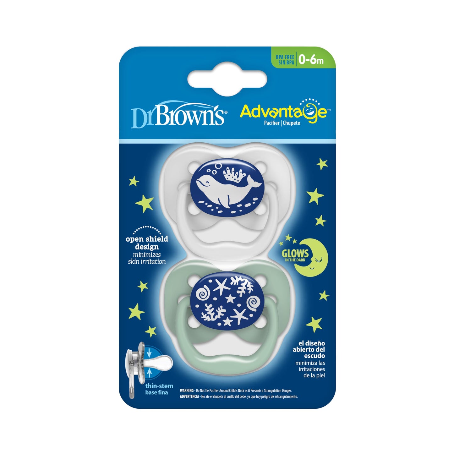 Dr. Brown's Advantage Glow-in-the-Dark Baby Pacifier, Fully Symmetrical Soother with Soft Silicone Bulb, Lavender Love-Coral Ocean, 0-6m, BPA Free, 4 Pack