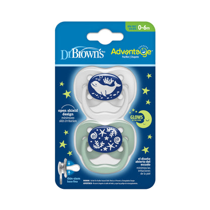 Dr. Brown's Advantage Glow-in-the-Dark Baby Pacifier, Fully Symmetrical Soother with Soft Silicone Bulb, Lavender Love-Coral Ocean, 0-6m, BPA Free, 4 Pack