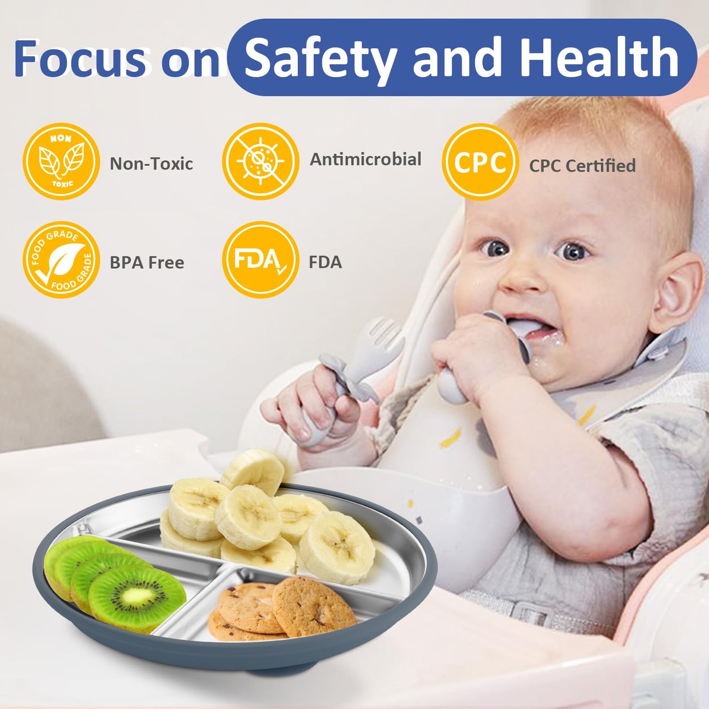 Stainless Steel Baby Plate with Suction, 9” Divided Toddler Plates with Removable Silicone Sleeves for Kids, Non-Toxic Non-Slip Unbreakable Dishwasher Safe Dinnerware Set of 2, Pink & Beige