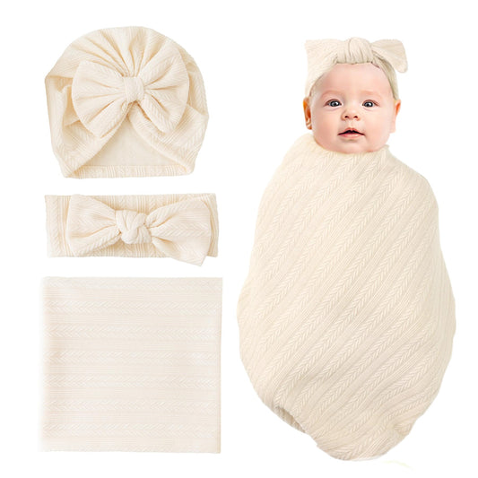 Jastore Baby Infant Swaddle Blankets for Girls 3PCS Newborn Accessories Set with Matching Hat and Bow Headband (Pale Pink, 33"*35")
