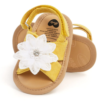 Baby Girls Princess Sandals, Big Rhinestone Flower Open Totes Anti-Skid Soft Sole Walking Shoes, Ankle Stick-On Summer Foot Wear
