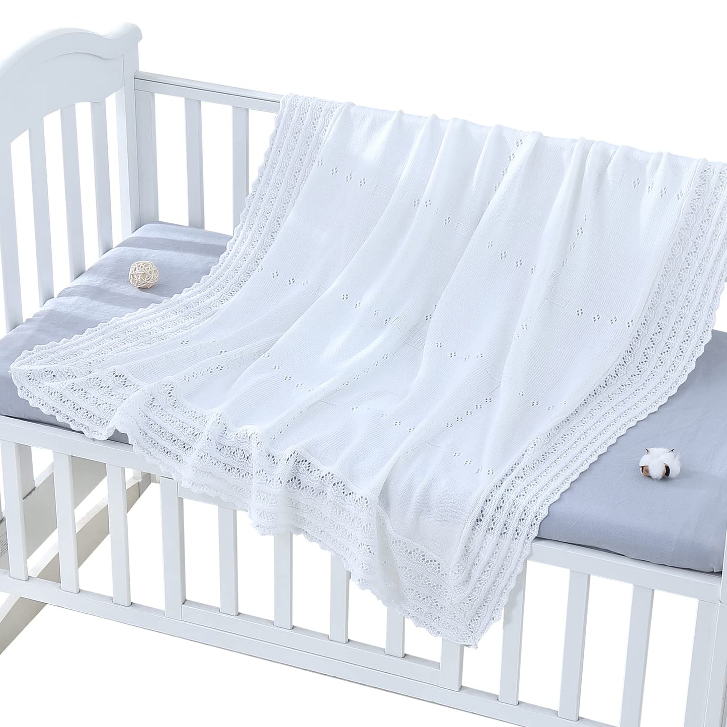 Booulfi Knit White Baby Blankets Neutral,Crib Stroller Newborn Blankets for Boys Girls,Cotton Lace Crochet Winter Blanket Nursery Blanket New Baby Essentials, 38X39