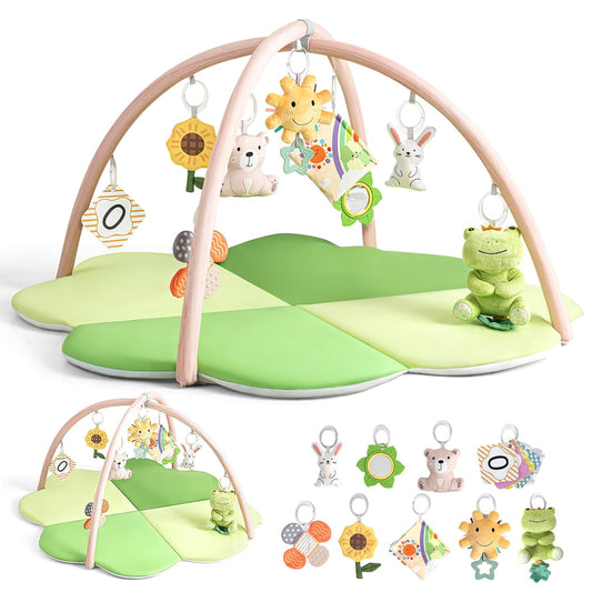 Baby Play Mat, Tummy Time Mat for Sensory Development, 4-Leaf Clover Baby Play Mat & Gym with 9 Detachable Toys, Portable & Easy to Clean, 0-9+ Months