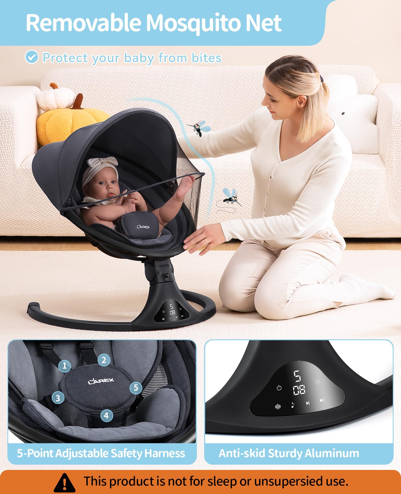 LAREX Baby Swing to Toddler Electric Infant Swing Portable for Newborn Boy Girl, 5 Sway Speeds with Remote Control, 12 Preset Melodies and Bluetooth, 0-6 Months Max 20 Lbs(Dark Wood Grain)
