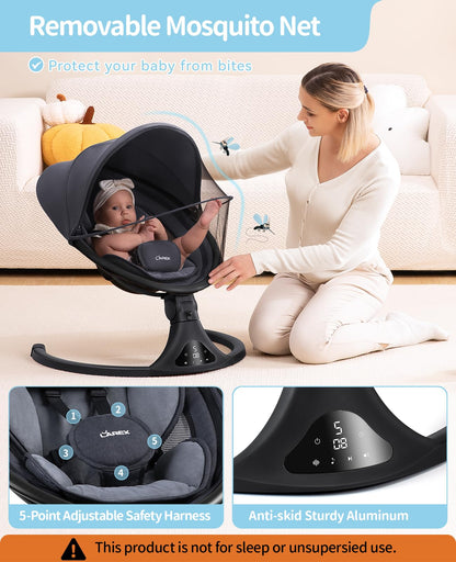 LAREX Baby Swing to Toddler Electric Infant Swing Portable for Newborn Boy Girl, 5 Sway Speeds with Remote Control, 12 Preset Melodies and Bluetooth, 0-6 Months Max 20 Lbs(Dark Wood Grain)
