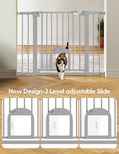 Babelio Upgraded Baby Gate with Cat Door, 29-43" Auto Close Durable Dog Gate for Stairs, Doorways and House, Easy Walk Thru Safety Gate with Pet Door Includes 4 Wall Cups, Black