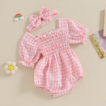 Infant Baby Girls Romper Ruffle Sleeve Pleated Smocked Bubble Plaid One Piece Ruched Jumpsuit Summer Bodysuit