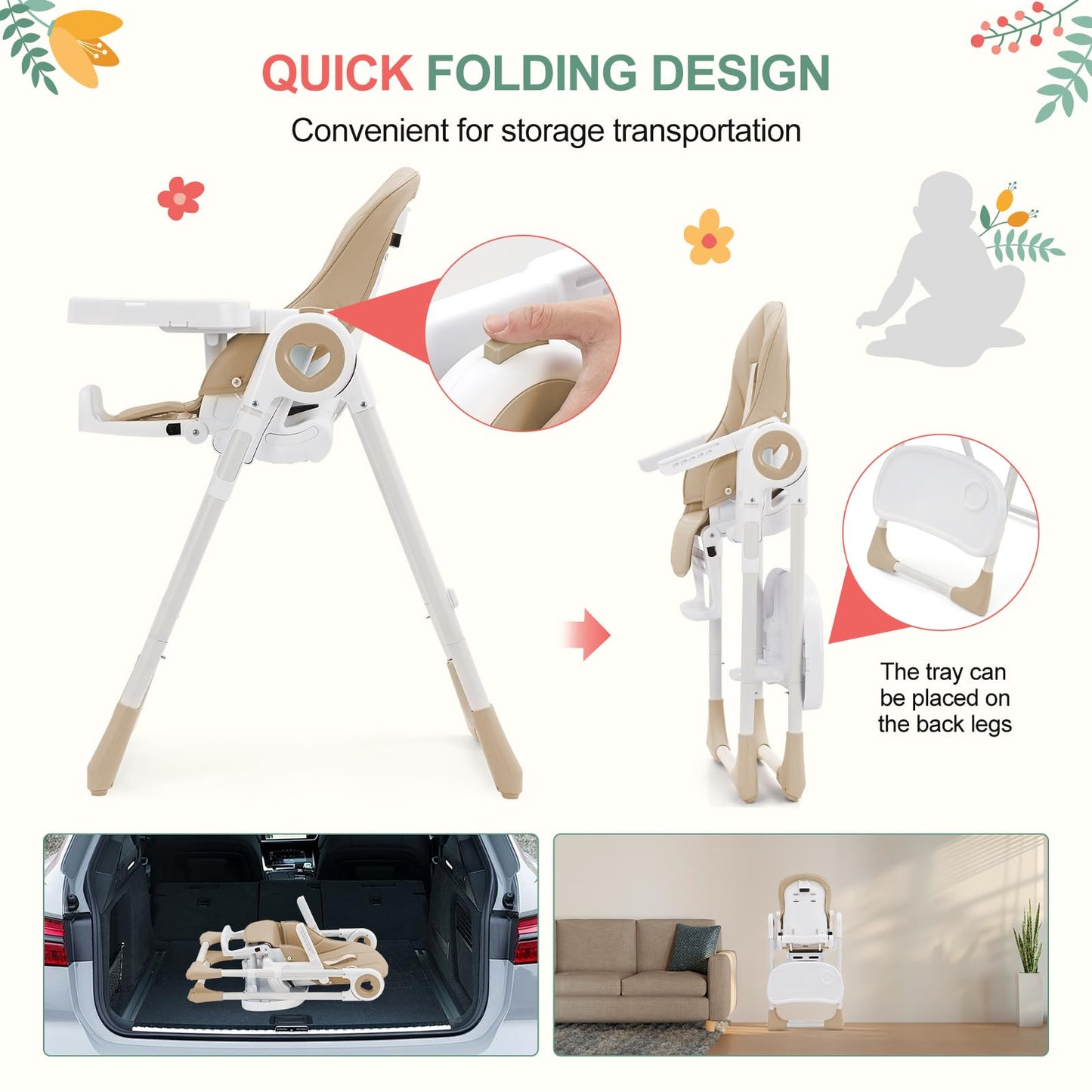 Foldable Baby High Chair with Adjustable Height, 5 Recline Positions & Removable Double Tray - Easy Clean, Space-Saving Infant Highchair for Toddlers, 5-Point Harness & Compact Design