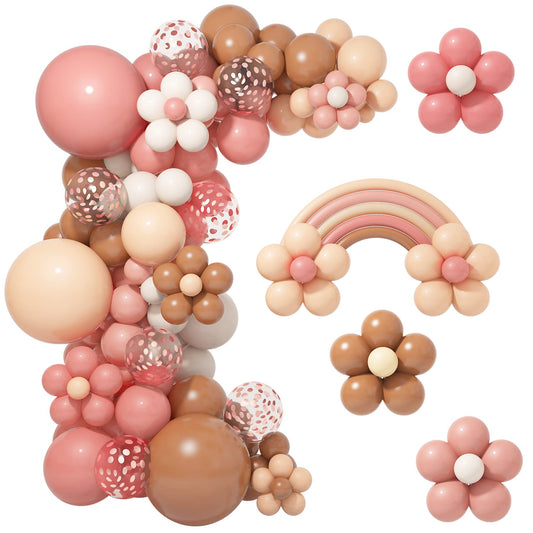 Amandir Boho Daisy Balloons Garland Arch Kit, Retro Dusty Rose Pink Blush Brown Nude Flower Balloons for Boho Daisy Flower Theme Birthday Baby Shower Wedding Mothers Day Party Decorations Supplies