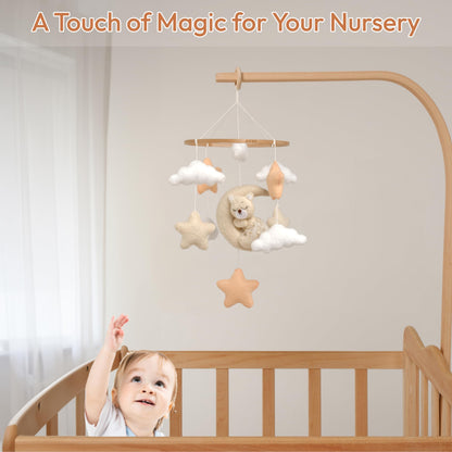 Crib Mobile for Girls, Sleeping Princess Bear Baby Mobile for Crib, Handmade Felt Crib Mobile, Baby Crib Mobile with Cloud and Stars, Nursery Baby Mobile for Bassinet (Cinnamon)
