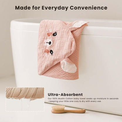 Konssy 2-Pack Muslin Baby Hooded Towels, Soft Cotton and Absorbent Baby Bath Towels for Newborn, Infant & Toddler with Animal Hooded Design (Bunny & Deer)
