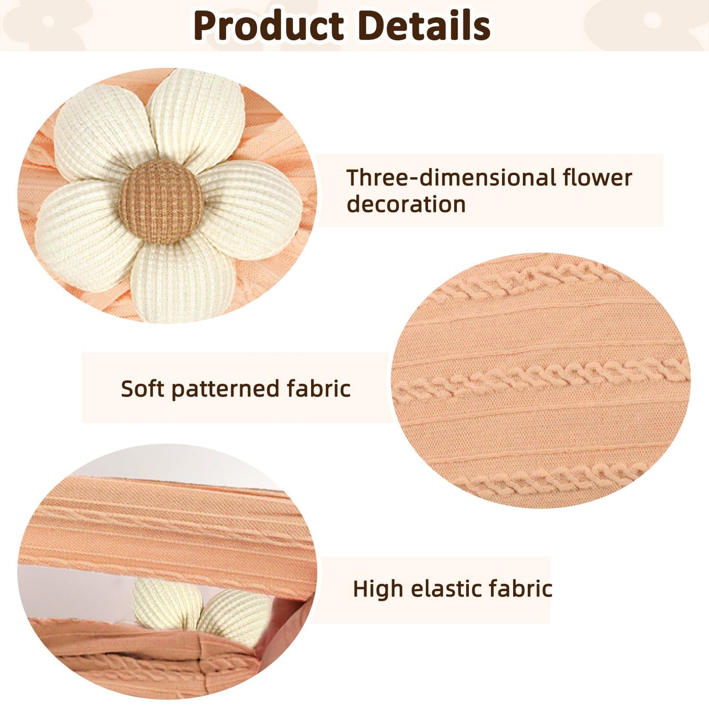 3 Pcs Baby Flower Headbands Baby Girls Nylon Headband Soft Hairbands Hair Accessories for Newborn Infant Toddler Kids (Beige Pink Khaki)