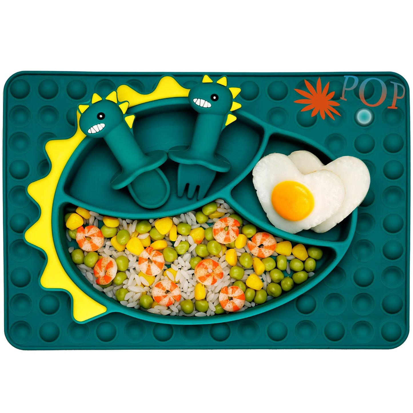Silicone Suction Plates for Baby Toddler with Spoon Fork set Divided Dinosaurs Plates Self Feeding Training Baby Dinner Plate-Green Dinosaurs Plate Set