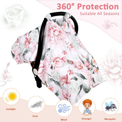 Baby Car Seat Cover, Breathable Infant Carseat Cover for Summer Peekaboo Opening Car Seat Canopy Cover, Nursing Cover for Baby Boys Girls (Flower)