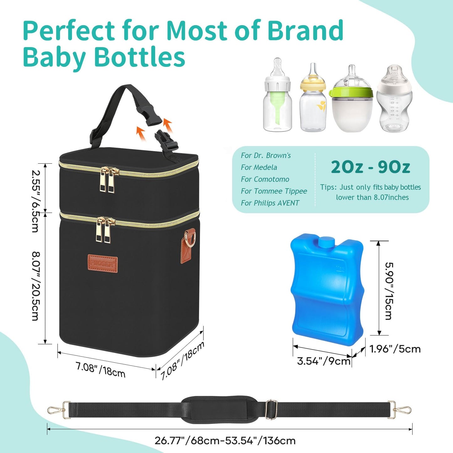 PIIOSER Baby Bottle Tote Bag with Ice Pack, Fits 4 Baby Bottles Up to 9 Ounce, Small Insulated Breastmilk Cooler Travel Bag with Shoulder Strap for Nursing & Working Mom Daycare (Cream-S)