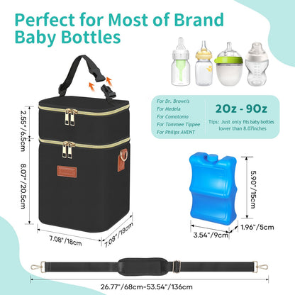 PIIOSER Baby Bottle Tote Bag with Ice Pack, Fits 4 Baby Bottles Up to 9 Ounce, Small Insulated Breastmilk Cooler Travel Bag with Shoulder Strap for Nursing & Working Mom Daycare (Cream-S)
