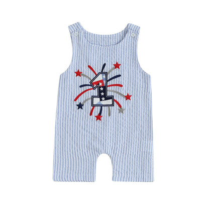 Baby Boy Summer Clothes Sleeveless Embroidery Dinosaur Striped Retro Romper Jumpsuit Smocked Shortall
