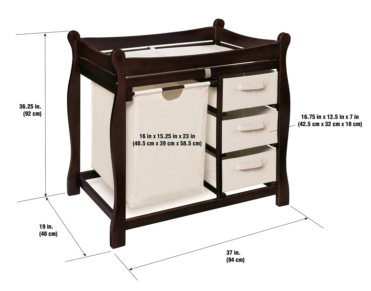 Badger Basket Sleigh Style Baby Changing Table with Laundry Hamper and 3 Storage Drawers - Espresso