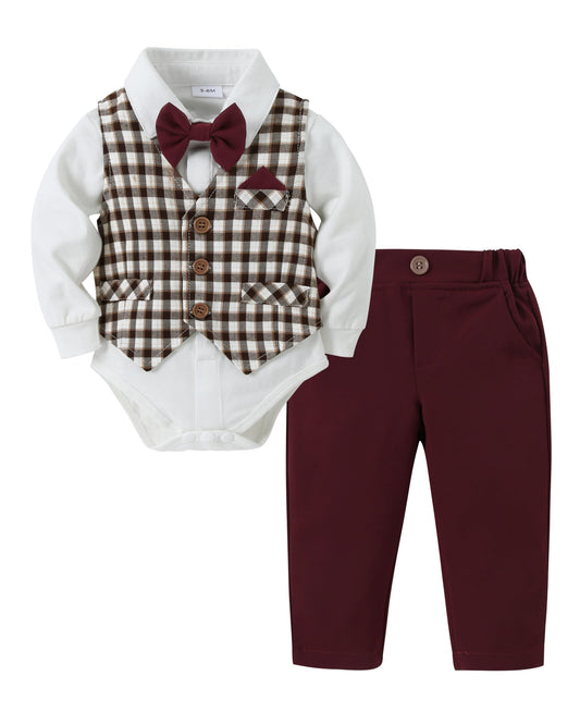 DISAUR Baby Boy Clothes Toddler Boy Outfits 4PCS Gentleman Dress Romper/Vest/Pants/Bow Tie Cotton Suit Sets
