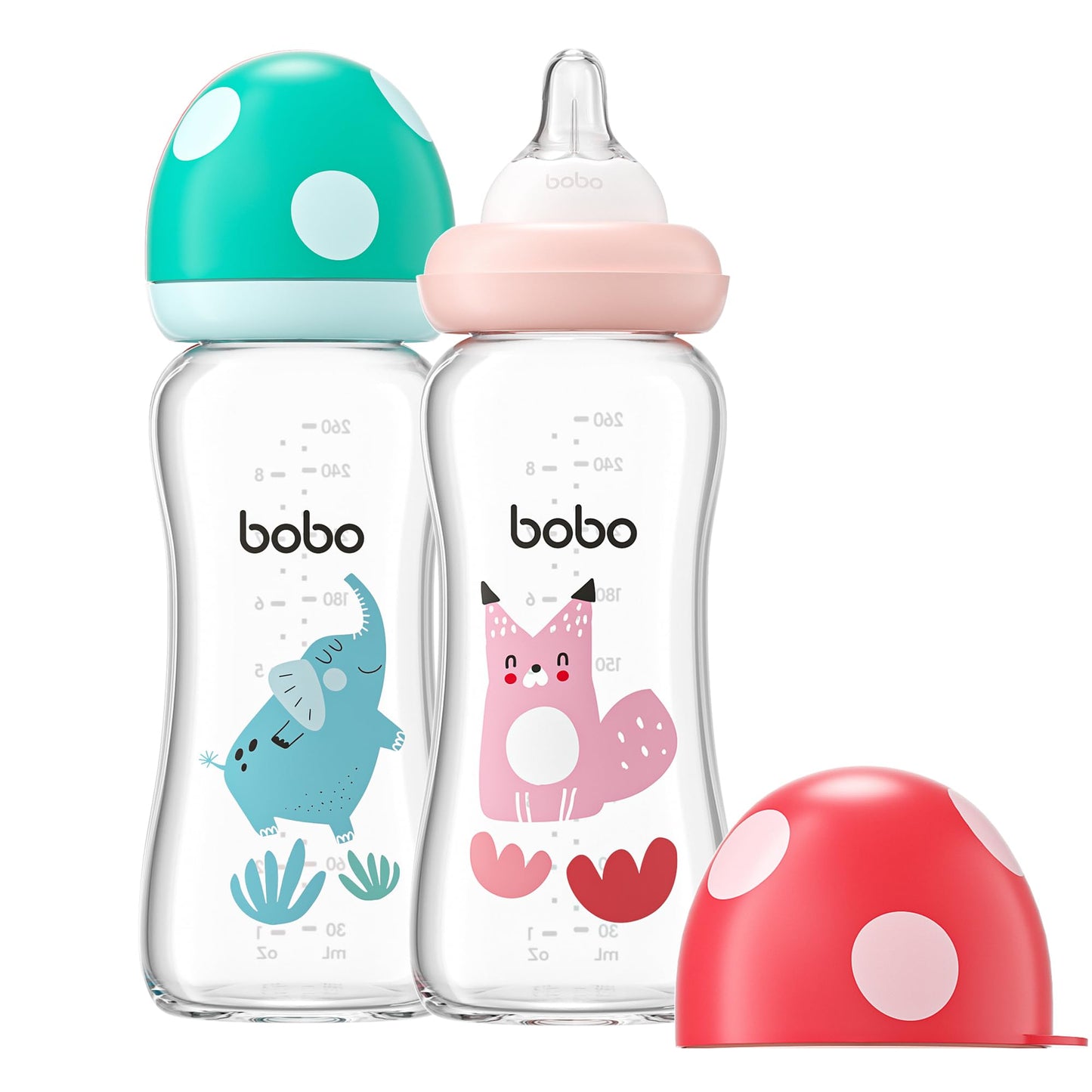 YOHKOH Natural Glass Baby Bottle with Natural Response Nipple, Newborn Anti-Colic Baby Bottles, Wide Neck Mushroom Cap Baby Bottle, Clear (8.8ounce (Pack of 4), Multicolour1)