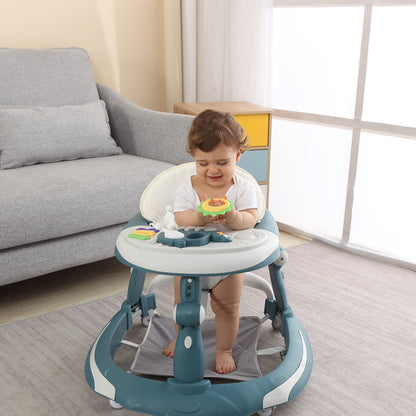 3 in 1 Baby Walker, Baby Walkers for Boys and Girls with Removable Footrest, Feeding Tray, Rocking Function & Music Tray(Without Battery), Foldable Activity Walker for Baby 6-18 Months (Blue)