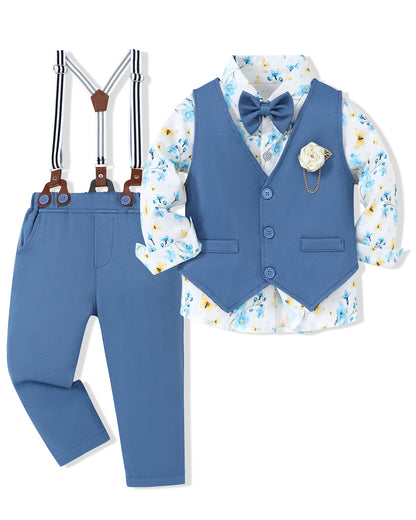 WESIDOM Toddler Boy Clothes Suit Formal Dress Shirt+Bowtie+Vest+Boutonniere+Suspender Pants Boys Gentleman Outfits Set