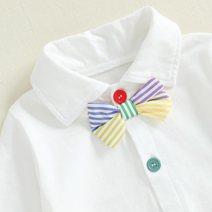 Infant Baby Boy Gentleman Outfit Long Sleeve Romper Bowtie Rainbow Striped Suspender Pants Set Dress Clothes Fall