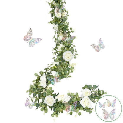 Yastouay 6.4 Ft Fuller Artificial Eucalyptus Garland with Champagne Flowers Fake Rose Vine for Table Centerpiece Wedding Baby Shower Party Room Backdrop Decor