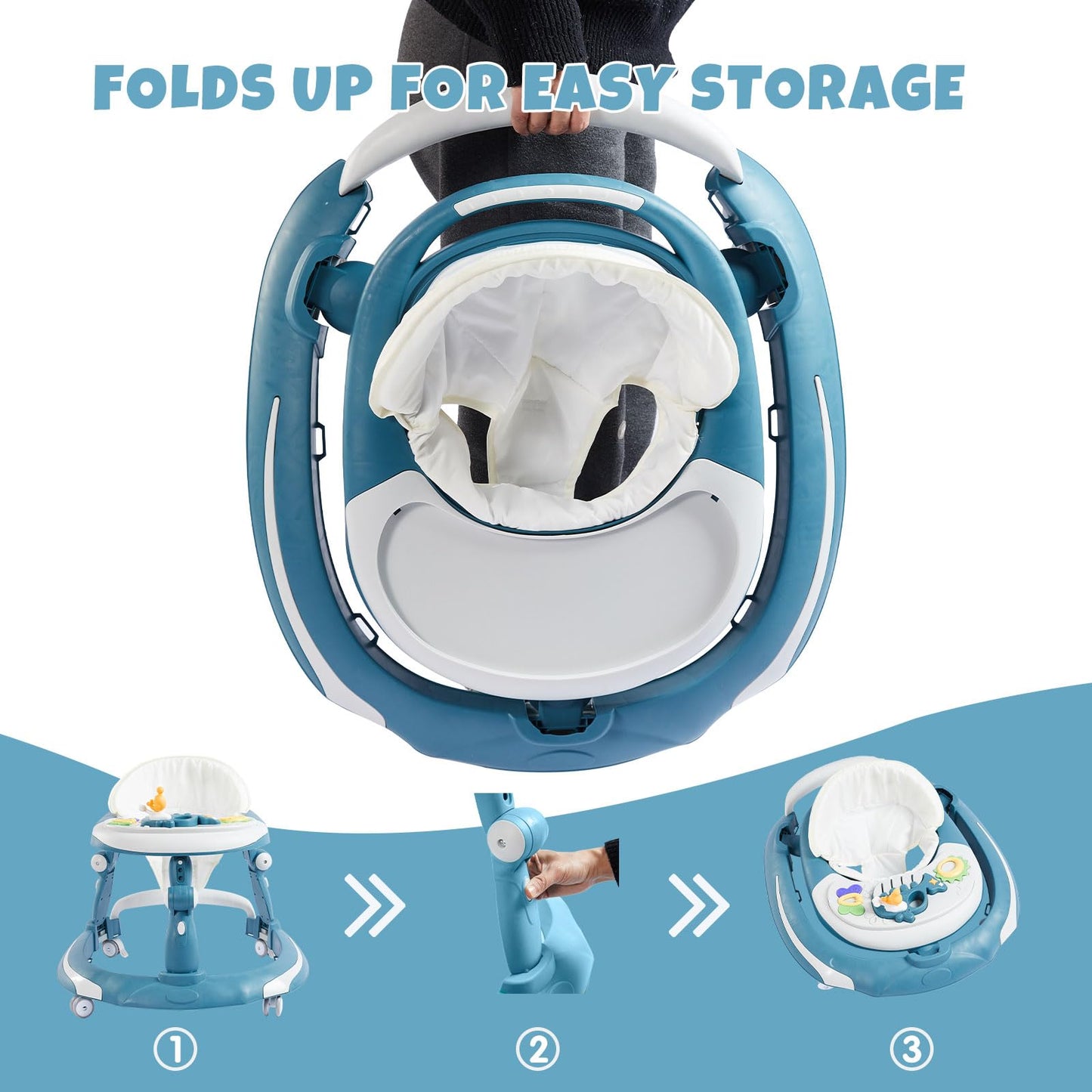 3 in 1 Baby Walker, Baby Walkers for Boys and Girls with Removable Footrest, Feeding Tray, Rocking Function & Music Tray(Without Battery), Foldable Activity Walker for Baby 6-18 Months (Blue)