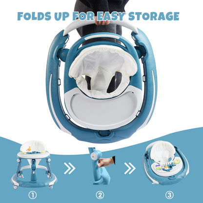 3 in 1 Baby Walker, Baby Walkers for Boys and Girls with Removable Footrest, Feeding Tray, Rocking Function & Music Tray(Without Battery), Foldable Activity Walker for Baby 6-18 Months (Blue)