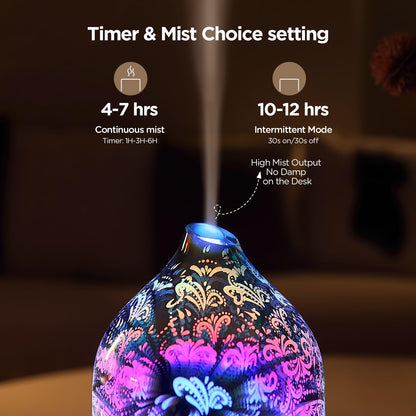 Essential Oil Diffuser Hand Blown Glass Aromatherapy Diffuser - Ultrasonic Cool Mist Scent Aroma Diffuser, Whisper Quiet with Auto Shut-Off, Timer Setting &7 Colors Night Light for Home
