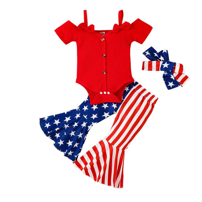 Fernvia Infant Baby Girl Clothes Suspenders Short Sleeve Ribbed Romper Flared Pants Set Headband 3pcs Summer Outfit