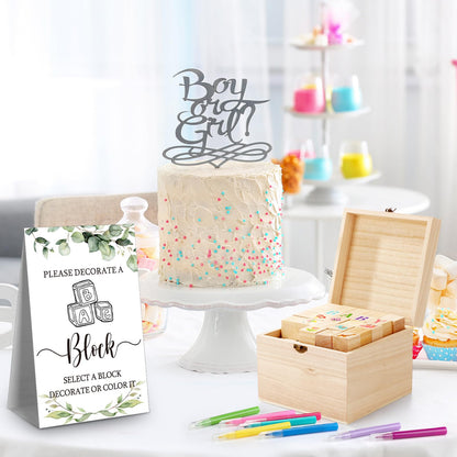 Marsui 136 Pcs Baby Shower Blocks to Decorate Game Kit Includes 98 Wooden Blocks, 36 Markers, 1 Game Sign, 1 Storage Box for Baby Shower Gender Reveal Activity Party Decorations(Pink Elephant)