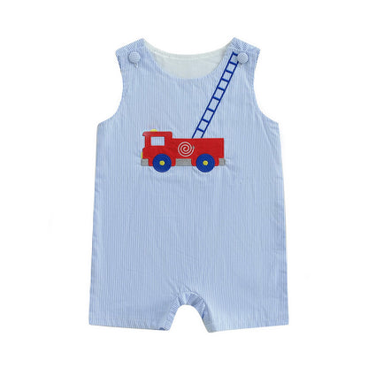 Baby Boy Summer Clothes Sleeveless Embroidery Dinosaur Striped Retro Romper Jumpsuit Smocked Shortall
