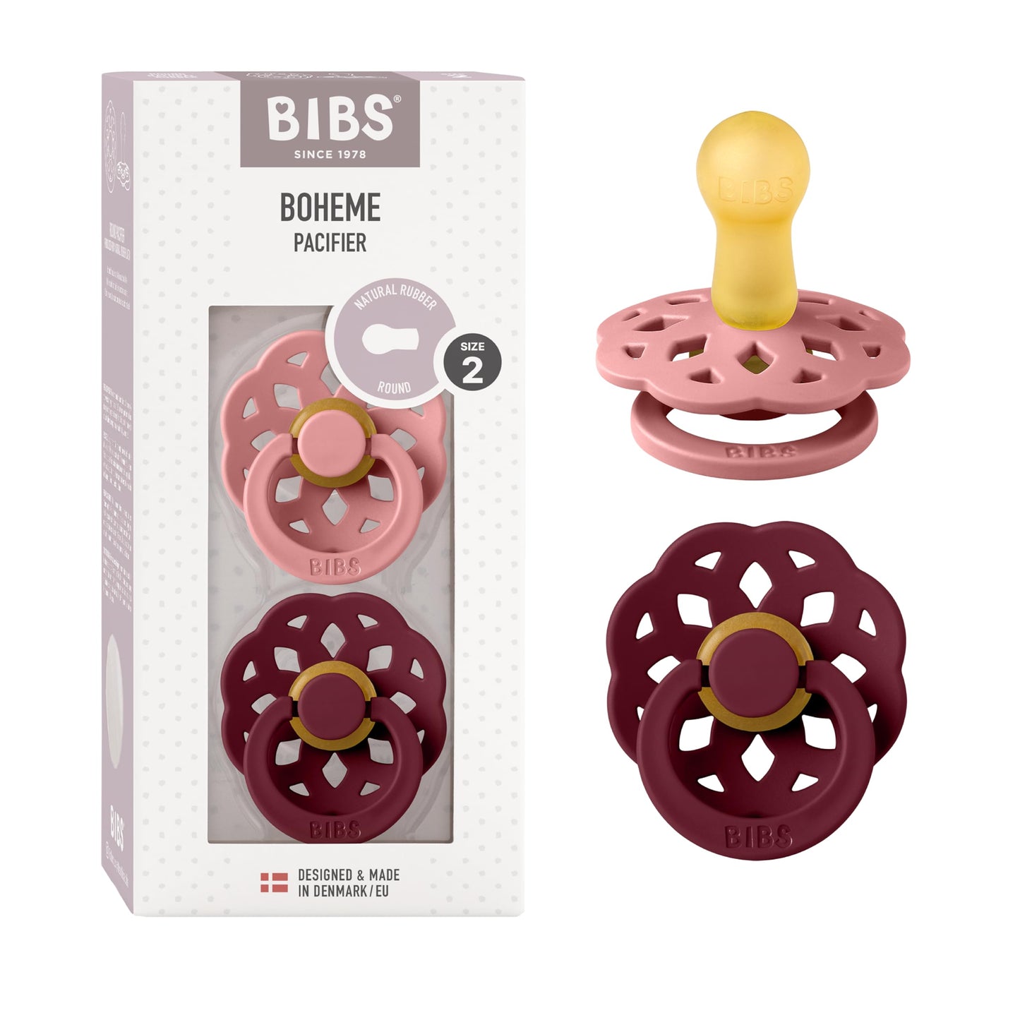 BIBS Pacifiers - Boheme Collection | BPA-Free Baby Pacifier | Made in Denmark | Set of 2 Ivory/Blossom Color Premium Soothers | Size 0-6 Months