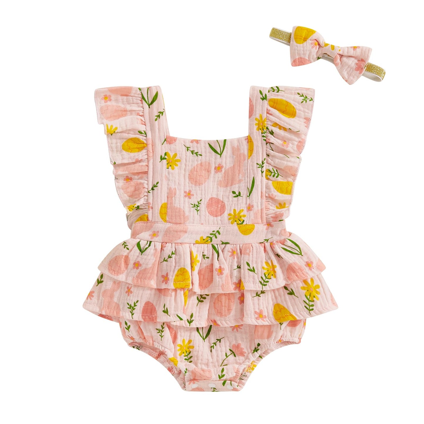 Baby Girls Flutter Sleeve Ruffles Layered Romper Dress Cute Patterns Printed Holiday Outfit with Headband