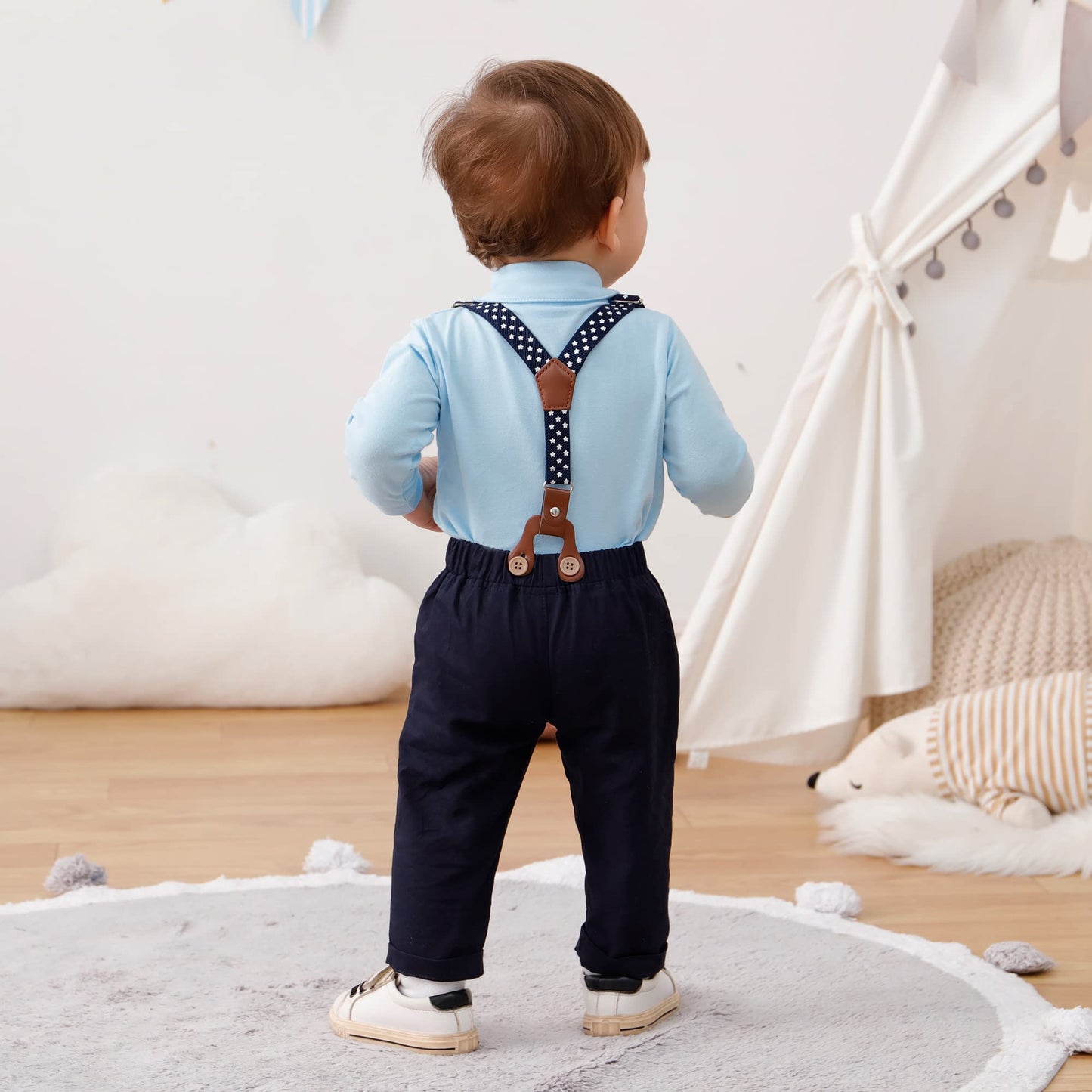 YUEMION Baby Boy Clothes Wedding Outfit Suits, 0-18 Months Infant Boy Gentleman Set, Dress Shirt+Vest+Suspender Pants+Bowtie