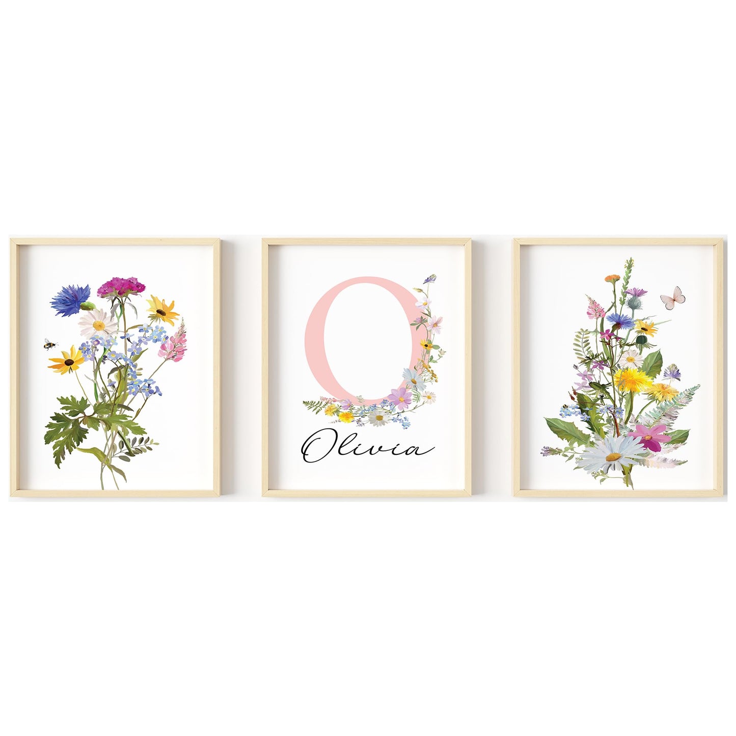 Personalized Wildflower Nursery Prints, Custom Floral Name Wall Art, Baby Girl Initial Monogram Posters, Boho Watercolor Wild Flower Artwork - Unframed (Autumn Meadow, 8x10)