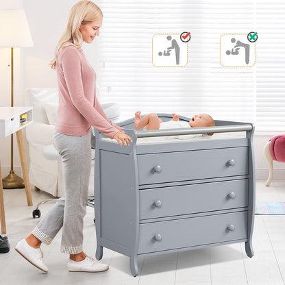 Costzon 3-Drawer Changing Table, Infant Diaper Changing Station with Drawers, Safety Rails & Strap, Baby Changing Table Dresser for Nursery, Easy Assembly (Brown)