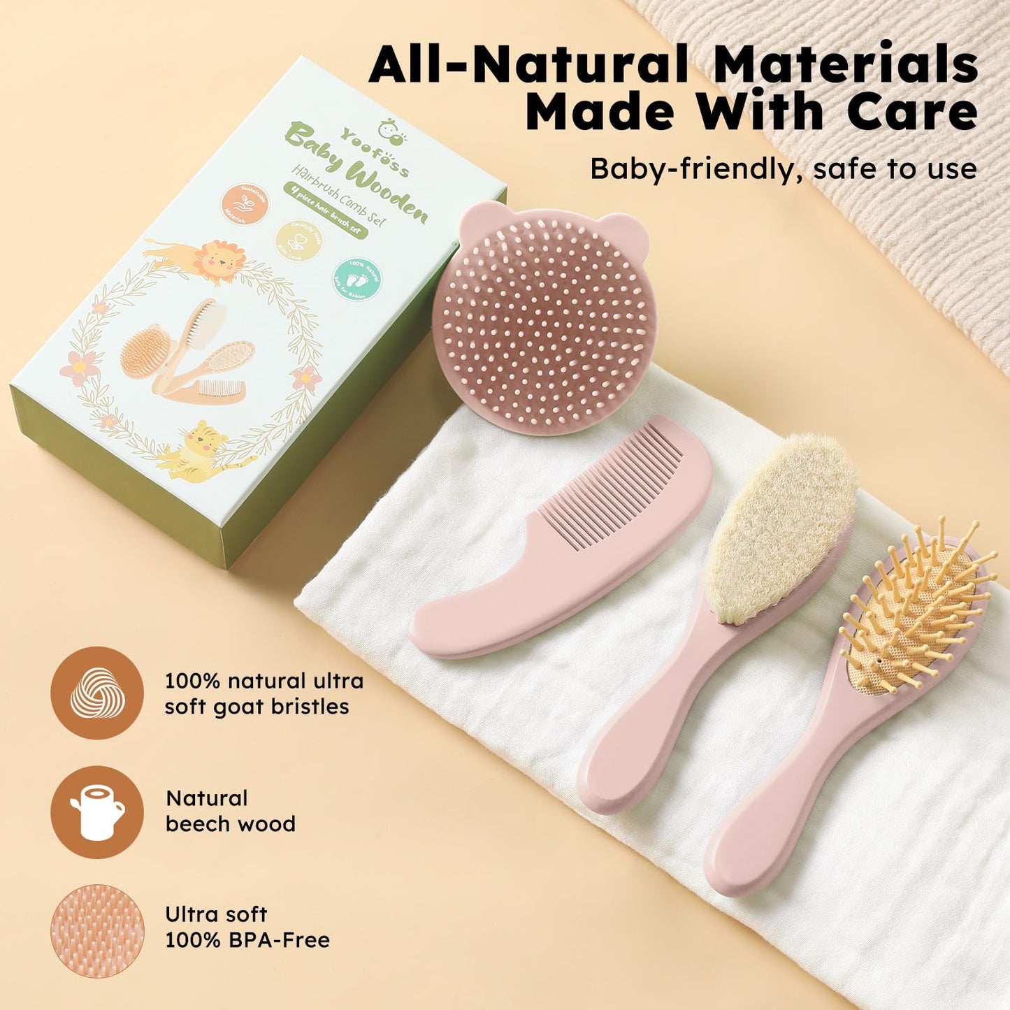 Yoofoss 4 Piece Baby Brush and Comb Set, Wooden Baby Brush with Natural Ultra Soft Goat Hair, Baby Hair Brush for Newborn, Baby Brush Set for Boy Girl