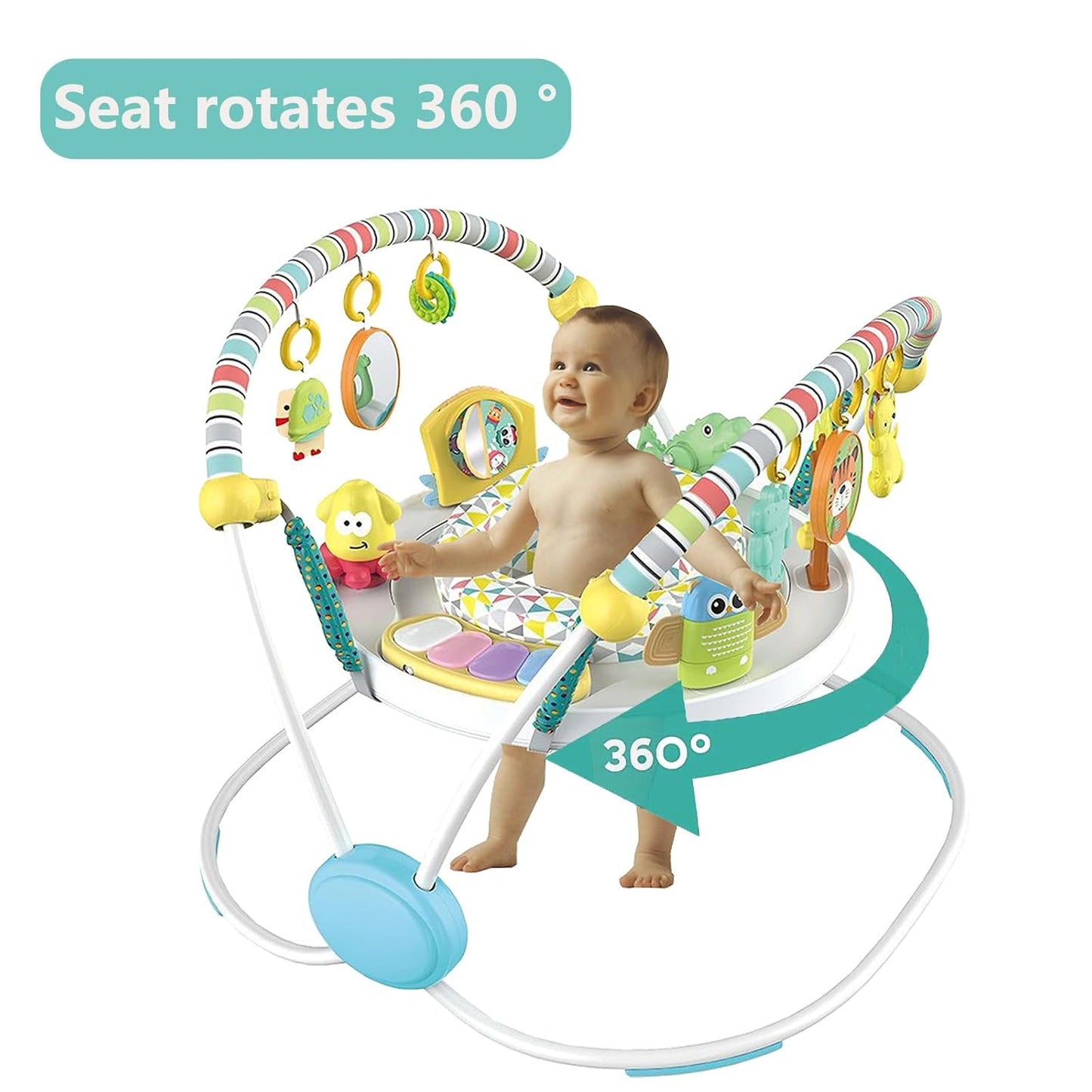 CAM2 Baby Bouncer Baby Jumpers Infant Activity Center with Music Lights Sounds, 360° Rotating Seat,Surrounded by 12 Different Types of Toys,Activity Center for 4 Month+,White