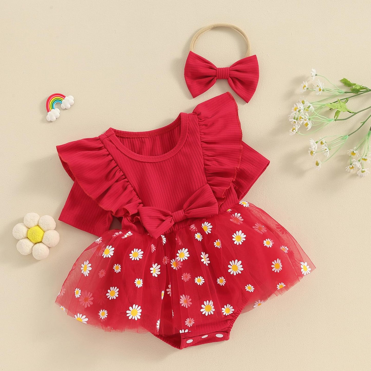 Baby Girls Daisy Romper Bowknot Bodysuit+Headband Short Sleeve Playsuits Floral Jumpsuit Infant Summer Clothes