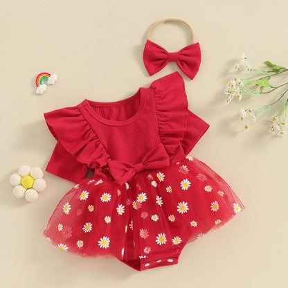 Baby Girls Daisy Romper Bowknot Bodysuit+Headband Short Sleeve Playsuits Floral Jumpsuit Infant Summer Clothes